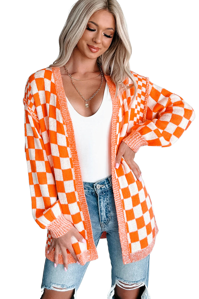Orange Checkered Open Front Drop Shoulder Cardigan