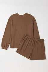Chestnut Twisted Ribbed Mallard Duck Sequins Patch Long Sleeve Top and Short Set