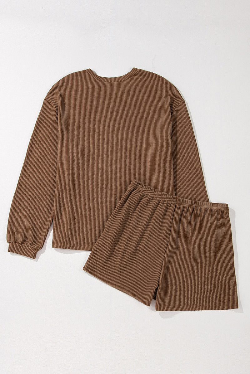 Chestnut Twisted Ribbed Mallard Duck Sequins Patch Long Sleeve Top and Short Set