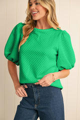 Phalaenopsis Solid Textured O Neck Puff Sleeve Blouse