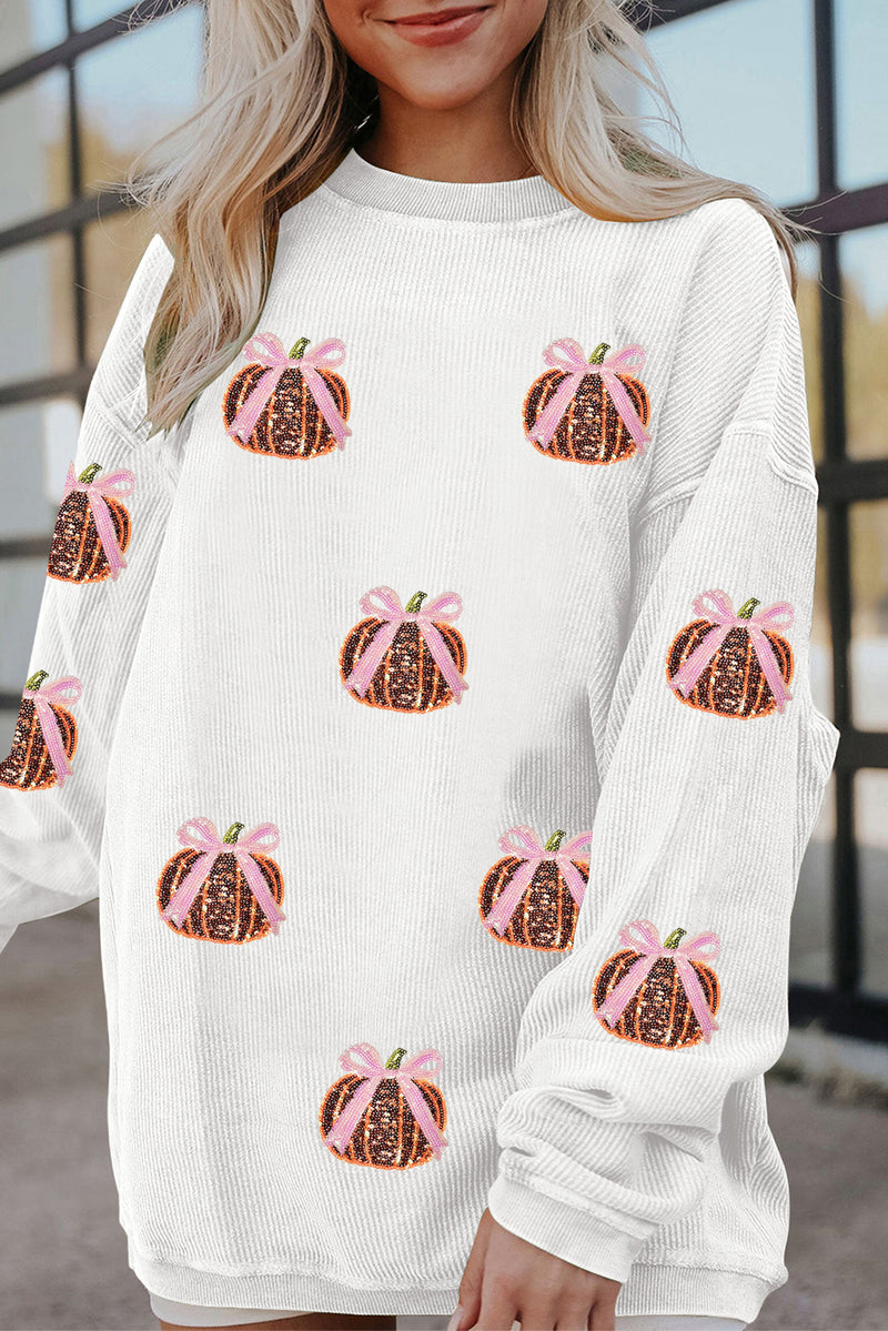 White Twisted Ribbed Sequin Bow Pumpkin Patch Application Graphic Sweatshirt