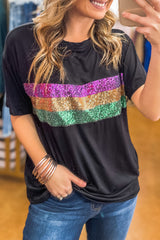 White Colorblock Sequin Mardi Gras Crewneck T Shirt