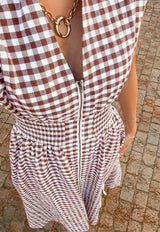 Coffee Plaid Print Full Zipper Cinched Waist Fit Flare Sleeveless Maxi Dress
