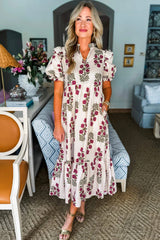 Black Floral Short Bubble Sleeve Tiered Maxi Dress