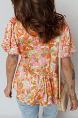 Orange Split V Neck Short Sleeve Flower Blouse