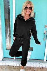 Black Zip Collar Long Sleeve Top Drawstring Pants Set