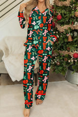 Green Christmas Bow Print Long Sleeve Pajama Set