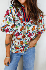 Multicolour Contrasted V Neckline Floral Puff Short Sleeve Blouse