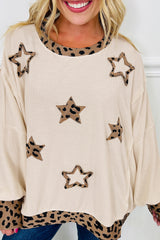 Beige Stars Pattern Leopard Patchwork Round Neck Sweatshirt