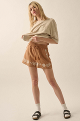 Khaki Embroidered Tassel Tie Elastic Waist Shorts