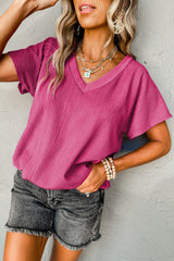 Black Plain Crinkled V Neck Short Sleeve Blouse
