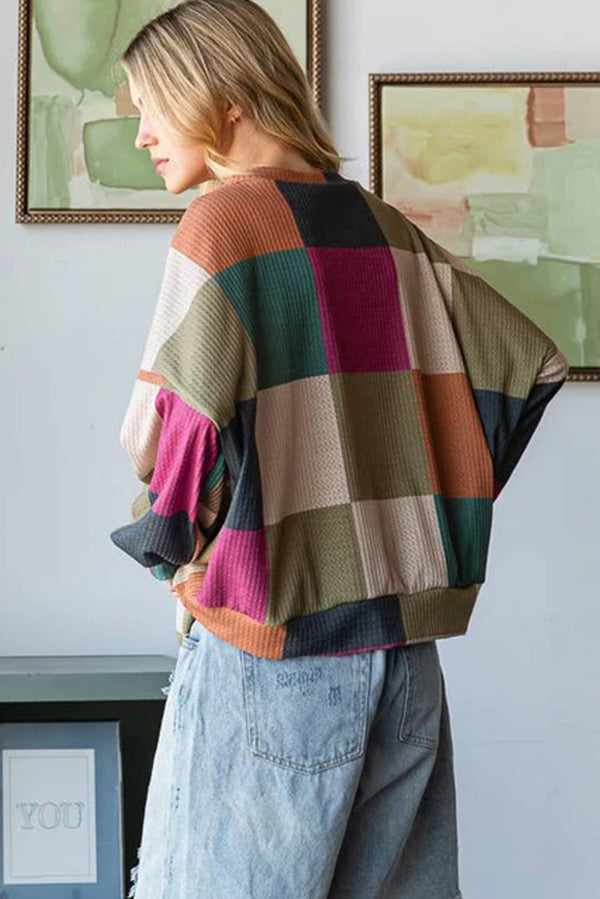 Green Checkered Print Textured Knit Long Sleeve Loose Top