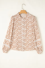 Khaki Printed Floral Print Lace Detail Puff Sleeve Fall Shirt