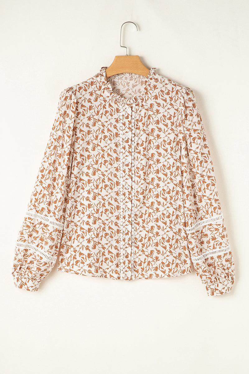 Khaki Printed Floral Print Lace Detail Puff Sleeve Fall Shirt