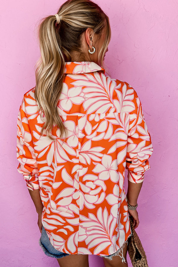 Orange Botanical Print Chest Pocket Button Up Shirt