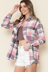 Green Long Sleeve Collared Button Up Flannel Shacket
