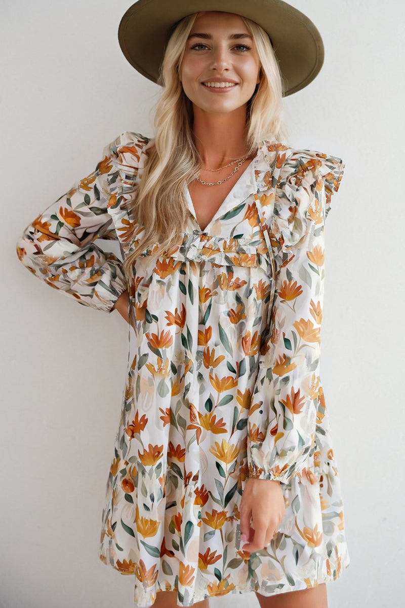 Yellow Floral Print Tie Neck Frill Detail Long Sleeve Mini Dress