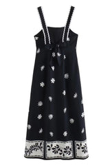 Black Floral Sleeveless High Waist Midi Dress