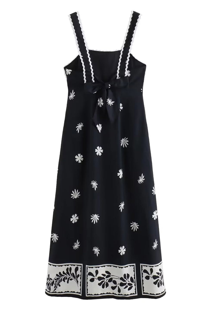 Black Floral Sleeveless High Waist Midi Dress