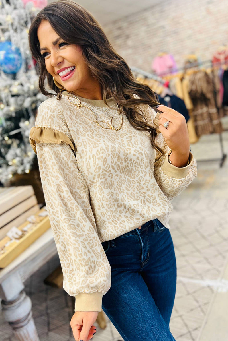 Khaki Ribbed Trim Ruffle Detail Leopard Round Neck Sweatshirt