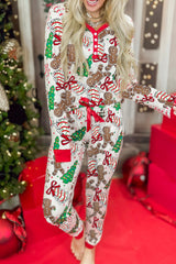 White Christmas Pattern Button V Neck Pullover Drawstring Pants 2pcs Lounge Set