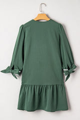 Canton Contrast Ricrac Trim Button V Neck Knotted Bracelet Sleeve Dress