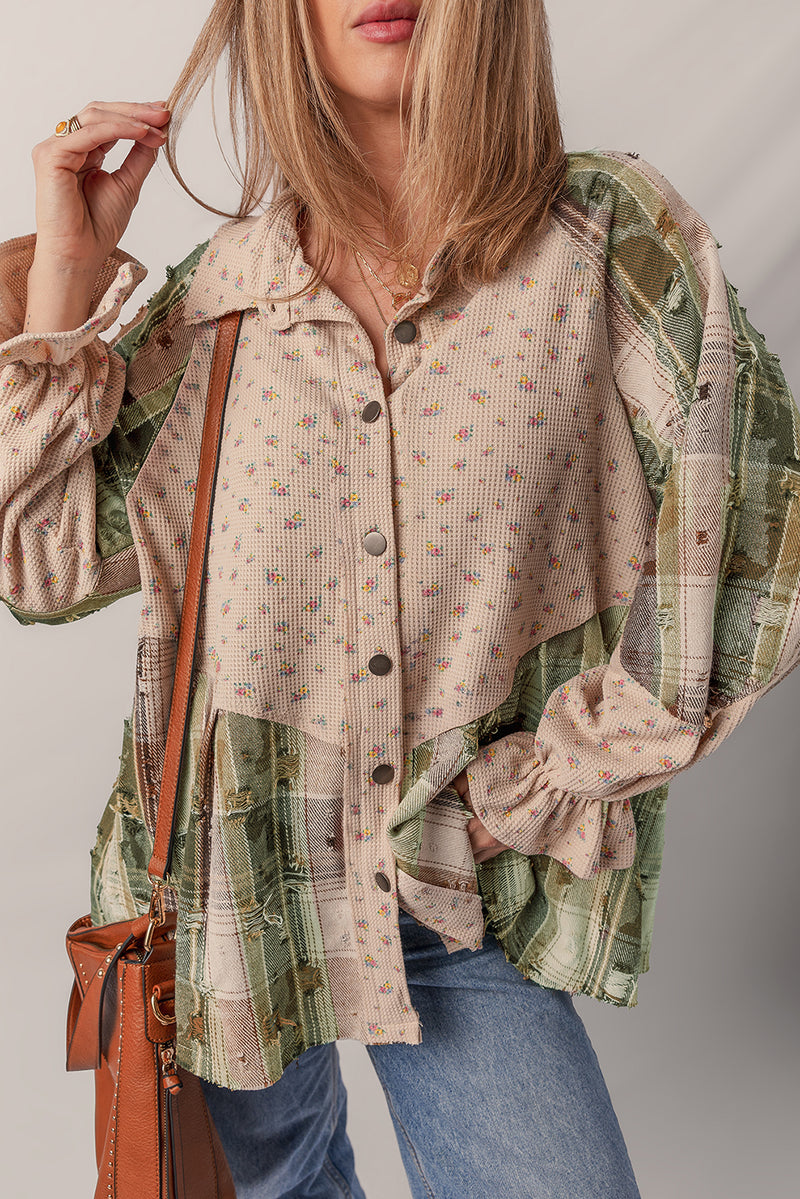 Mist Green Boho Floral Plaid Patchwork Waffle Knit Distressed Jacket