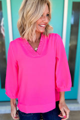 Sky Blue Frill V Neckline Puff Sleeve Crinkled Blouse