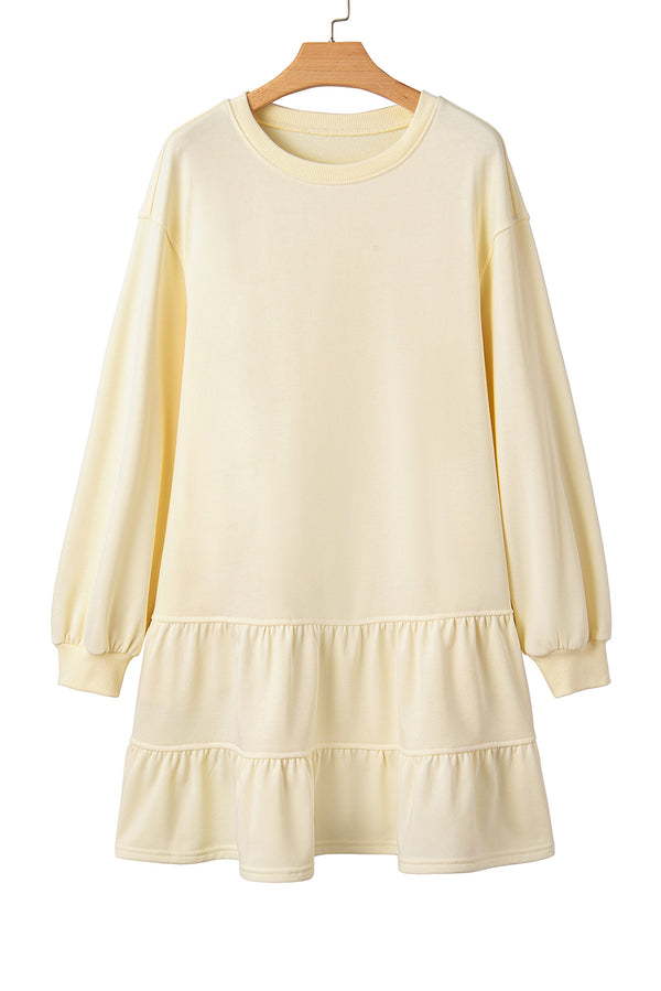 Beige Double Tiered Ruffle Hem Long Sleeve Loose Mini Dress
