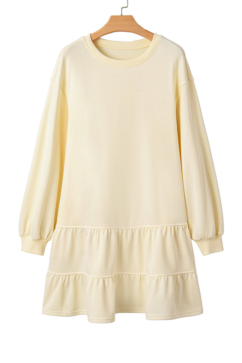 Beige Double Tiered Ruffle Hem Long Sleeve Loose Mini Dress
