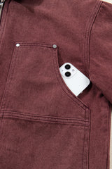 Coffee Corduroy Collar Zipped Front Denim Jacket