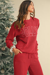 Evergreen Crinkle Rib JOLLY Pattern Long Sleeve Top and Pockets Pants Set