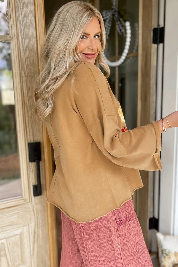 Straw Yellow Plaid Floral Heart Stitched Exposed Seam Mineral Wash Sweatshirt