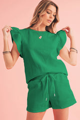Black Textured Ruffle Sleeve Tee and Drawstring Shorts Set