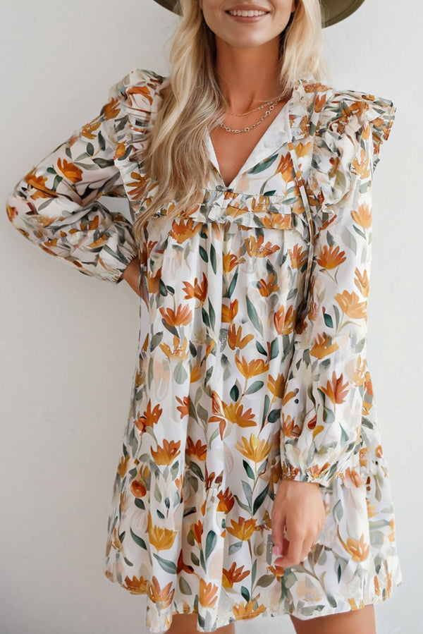 Yellow Floral Print Tie Neck Frill Detail Long Sleeve Mini Dress