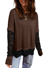 Dark Brown Sheer Lace Patchwork Casual Long Sleeve Tee