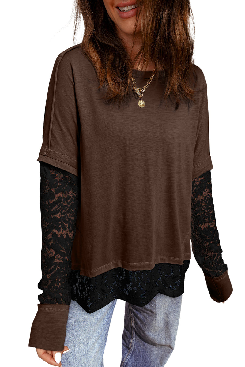 Dark Brown Sheer Lace Patchwork Casual Long Sleeve Tee