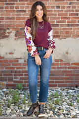 Wild Ginger Classic Floral Sleeve Patchwork Round Neck Blouse