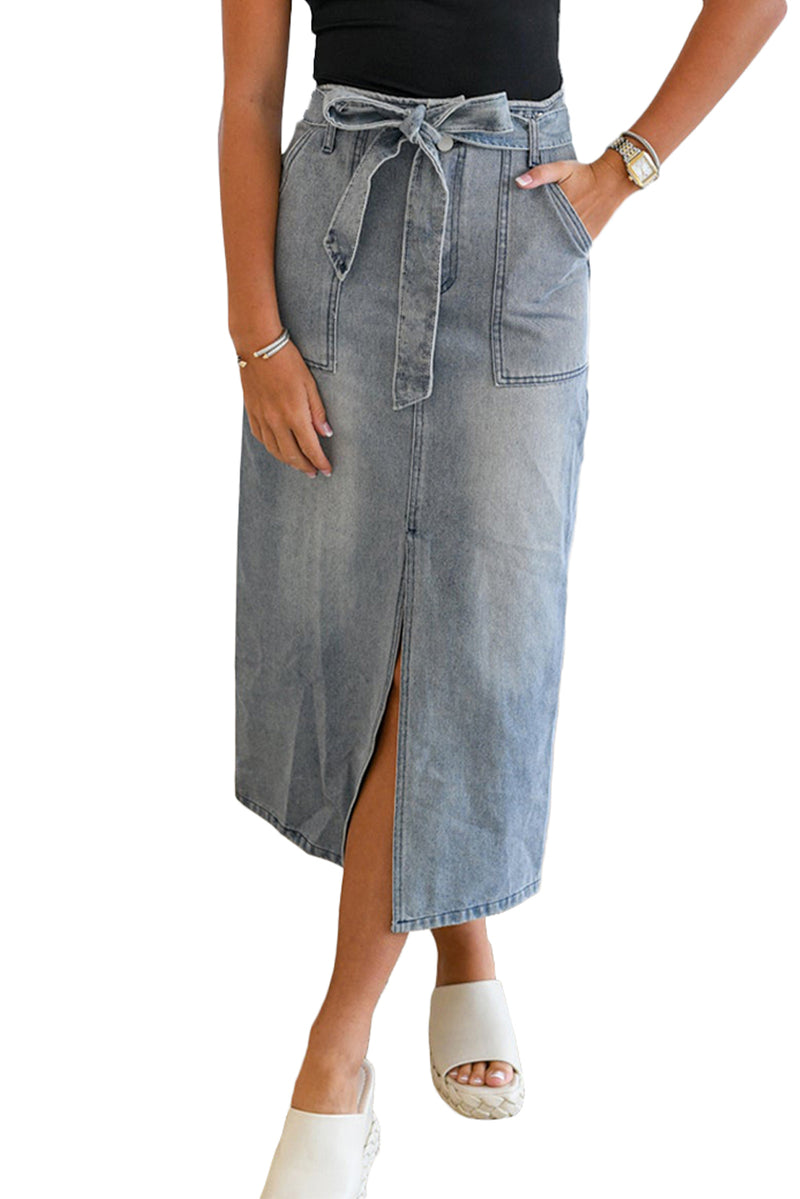 Dusk Blue Light Washed Belted High Waist Denim Skirt