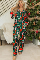 Green Christmas Bow Print Long Sleeve Pajama Set