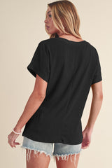 Black Plain Crinkled V Neck Short Sleeve Blouse