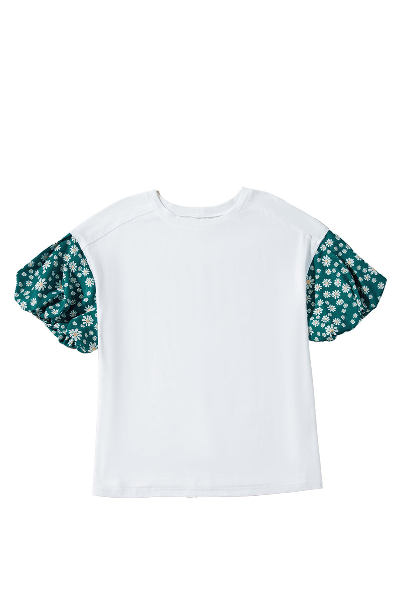 White Daisy Floral Patchwork Drop Sleeve Oversized Top