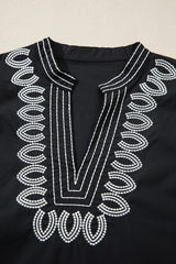 Black Short Puff Sleeve Contrast Embroidered Detail V Neck Blouse