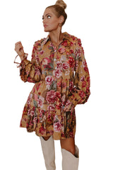 Brown Floral Print Shirt Style Long Sleeve Ruffle Mini Dress