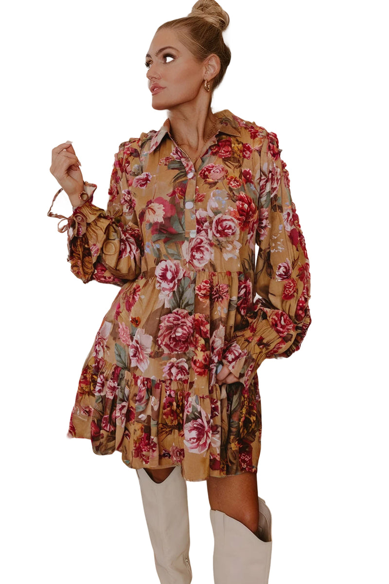 Brown Floral Print Shirt Style Long Sleeve Ruffle Mini Dress