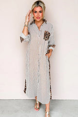 Brown Stripe Contrast Leopard Patchwork Shirt Dress