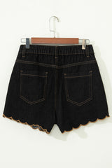 Navy Blue Embroidered Scalloped Trim Relaxed Denim Shorts