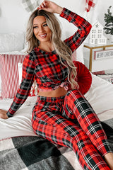 Red Festive Plaid Print Round Neck Long Sleeve and Pants 2 Piece Lounge Set