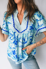 Sky Blue Ricrac Trim Slit V Neck Short Sleeve Floral Blouse