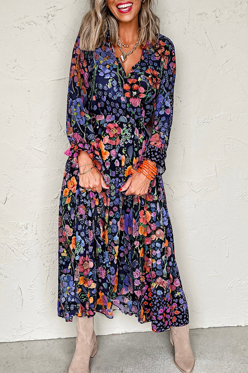 Blue Floral Print Tassel Tie V Neck Long Sleeve Flowy Maxi Dress